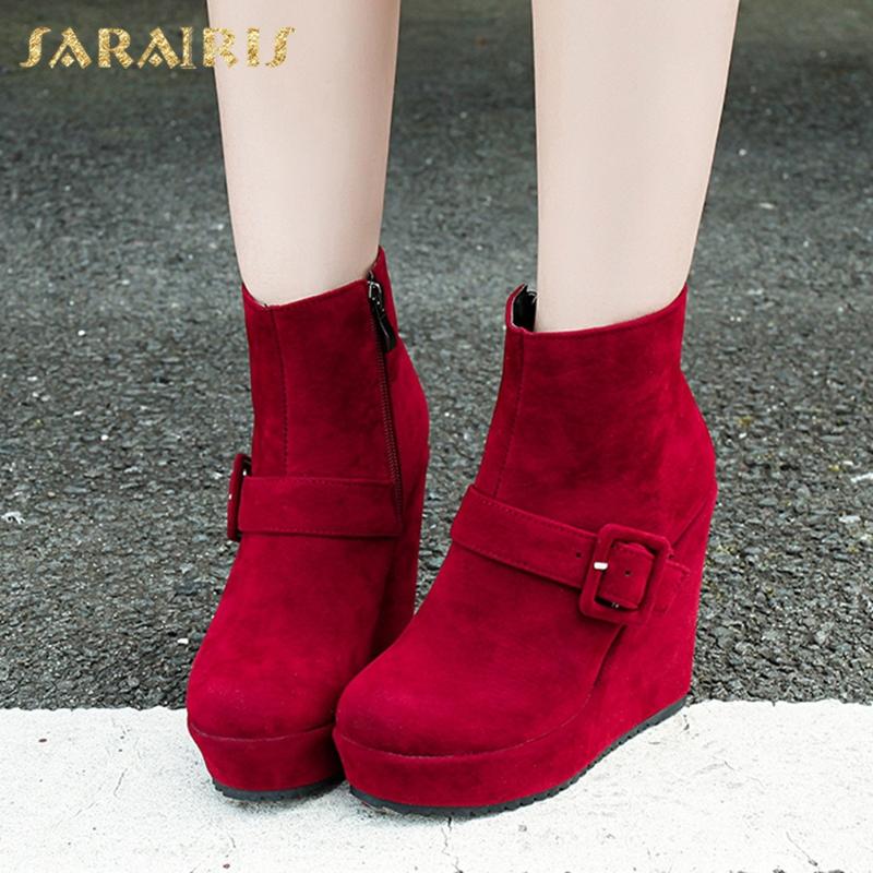 

Sarairis 2021 New Design Wedge High Heels Ankle Boots Women Shoes Buckle Decoration Zipper Platform INS Dropship Bootie Ladies, Black
