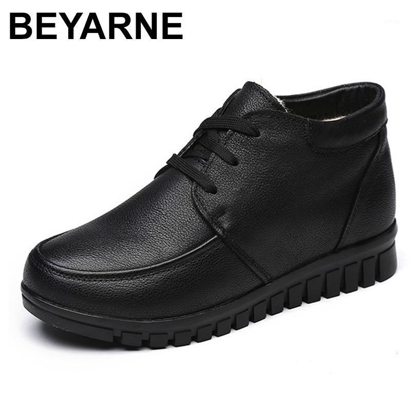 

BEYARNE 2020 New Women Winter Warm Snow Boots Real Genuine Leather lace Up Ankle Boots Women Round Toe Mother Cotton Shoes1, Black