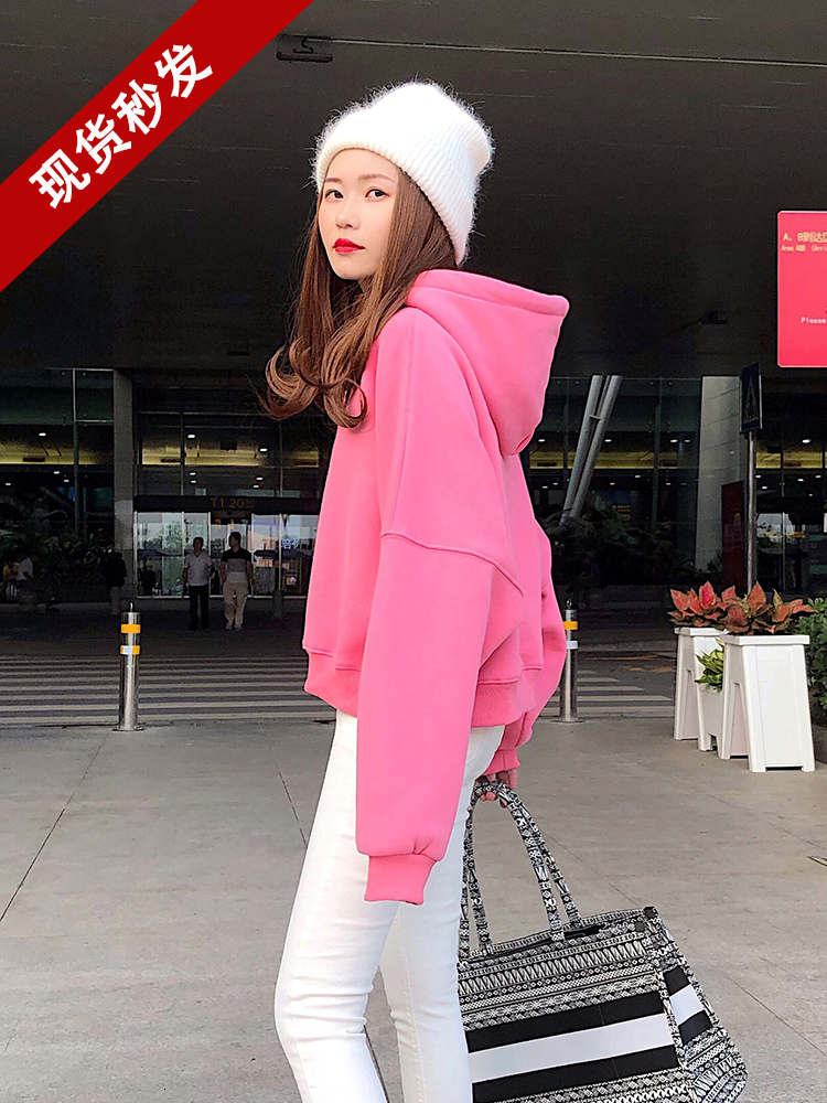 

2021 New Autumn and Winter Hood Loosed Original White Style Plus Velvet Thick Long Female Short Sweater Tide 1DEV, Coral red