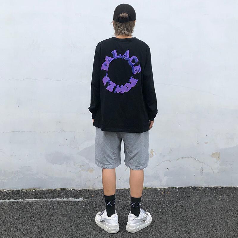 

American hip hop rap combo high street retro cotton printed long sleeve t-shirt men's and women's bottoms loose top fashion, Black