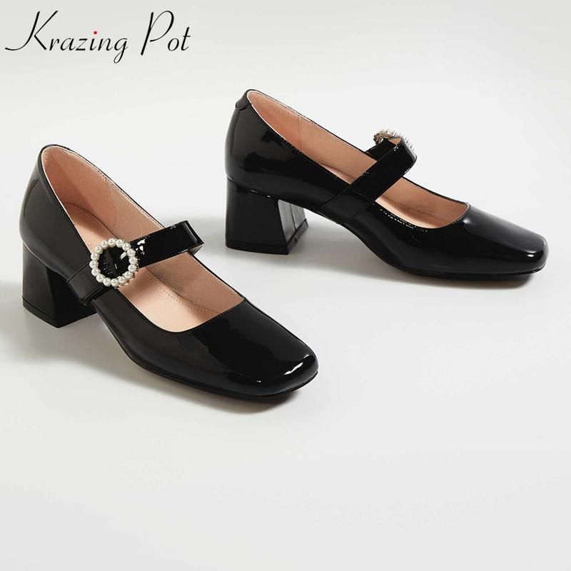 

Krazing pot full grain leather med heels square toe buckle straps pearl fasteners office lady spring shoes dress women pumps L531, Beige