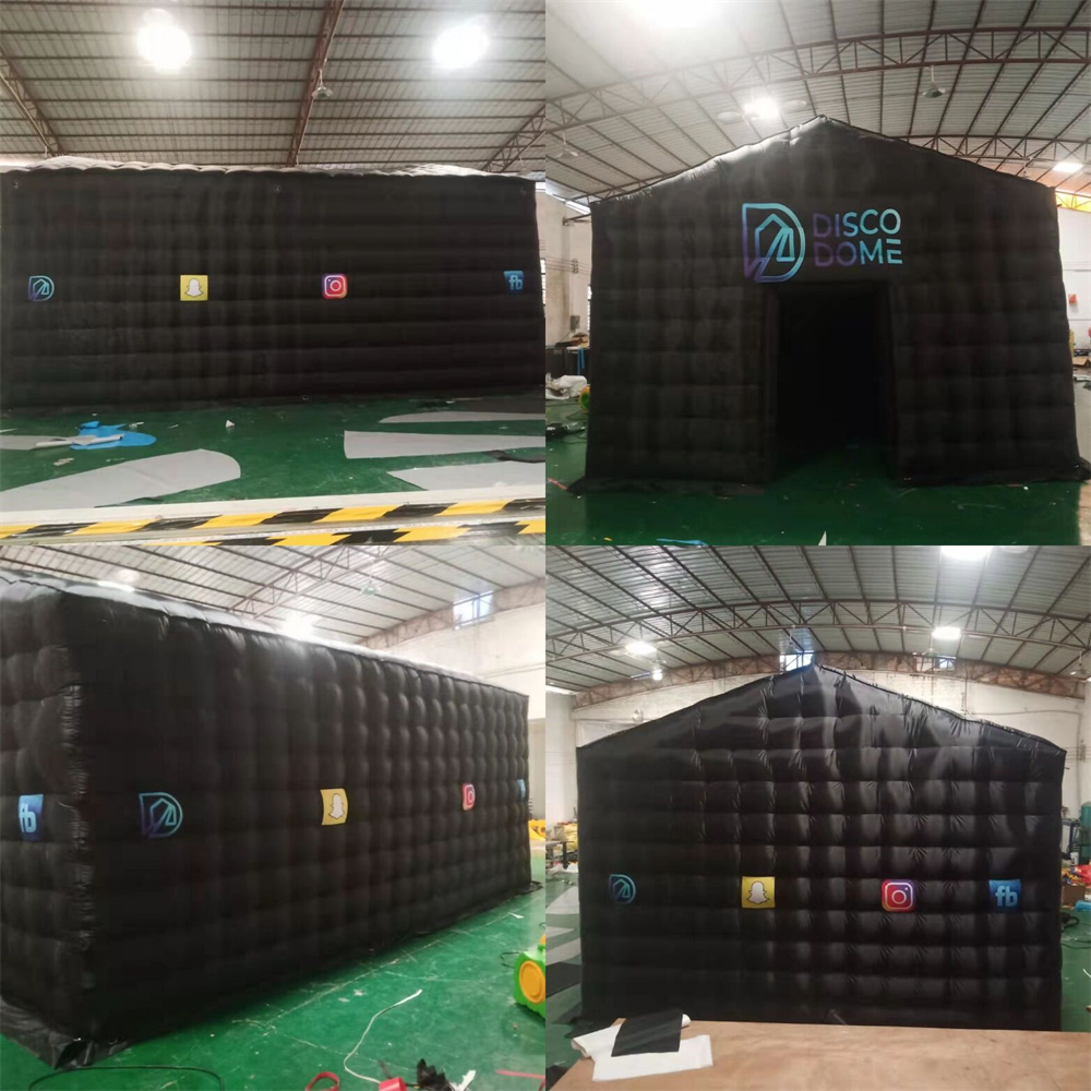 

4.2x4.2x3.3m Black party tent inflatable disco square tents Sloping air house balloon with sticker door cover