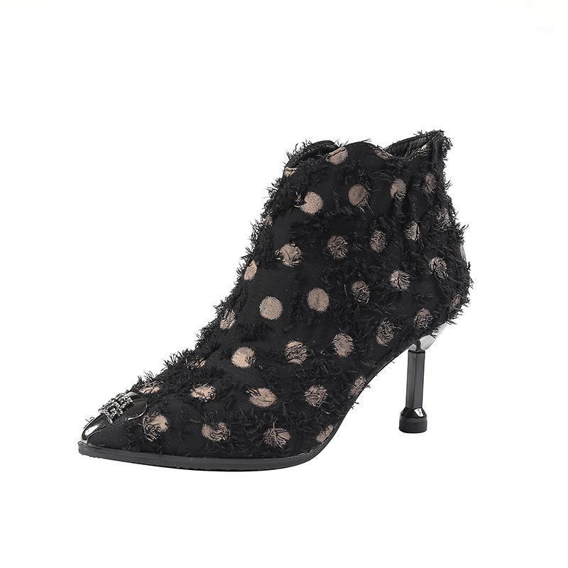 

High-heeled Shoes Lady Quality Tassels Short Boots Woman Fine With Sharp Wave Boots 20201, Black velvet