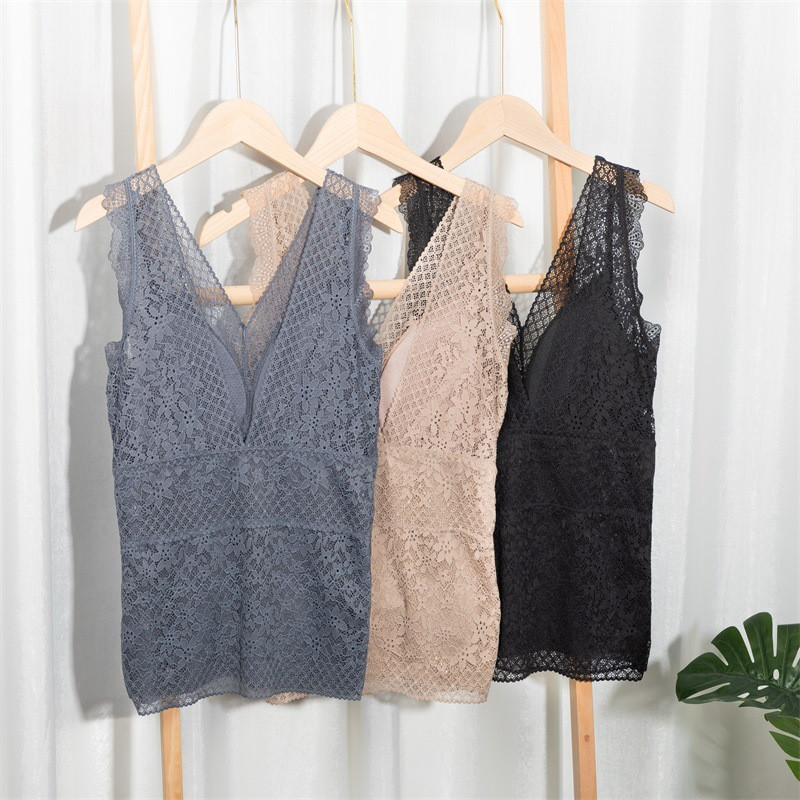

Trend Lace Camisoles Padded Push Up Women's Tanks Warm Thicken Top Quality Designer Vest Hot Sale, As pic