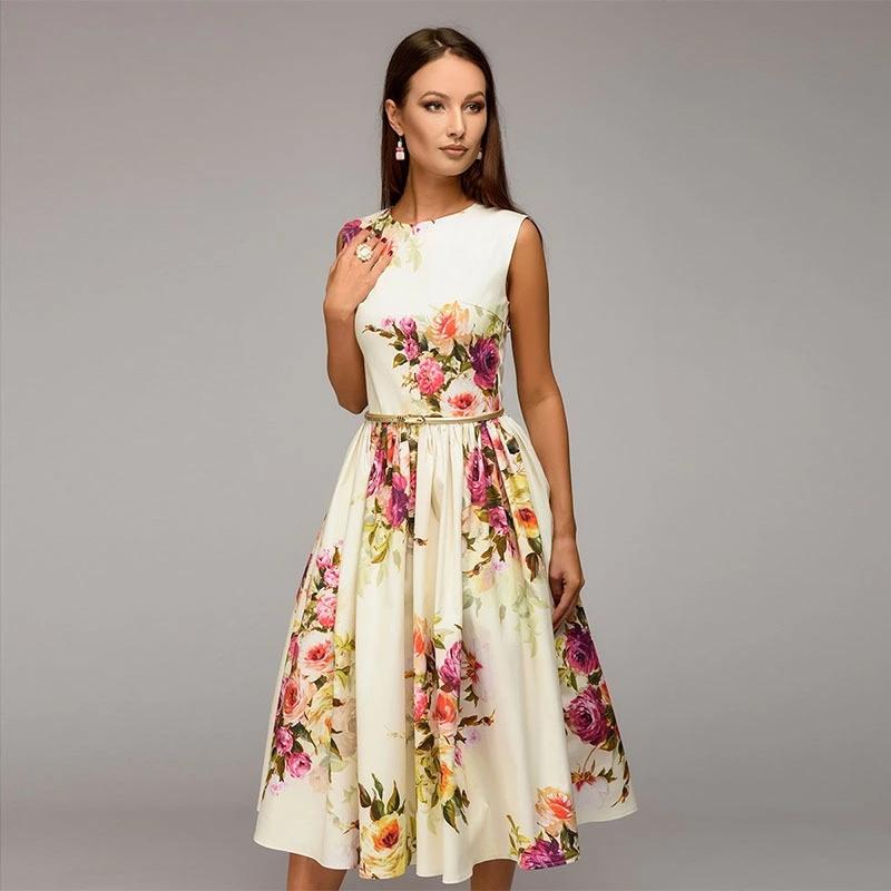 

Lady Party Dress 2020 Summer Autumn Women Sleeveless Flowers Printing Vestidos Elegant Casual A-line Dress No Belt, Beige