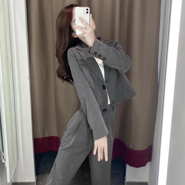 

Korean women' 2020 new small suit 2-piece short Blazer Jacket casual versatile straight pants, Black
