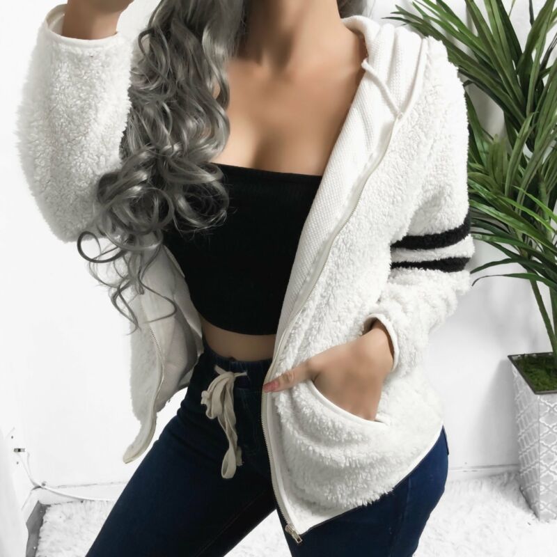 

2019 Autumn Winter Warm Zipper Hoodies Loose Hooded Women Casual Coat Stripe Fleece Women Outerwear Coat Cute Sweatshirt -XL, White