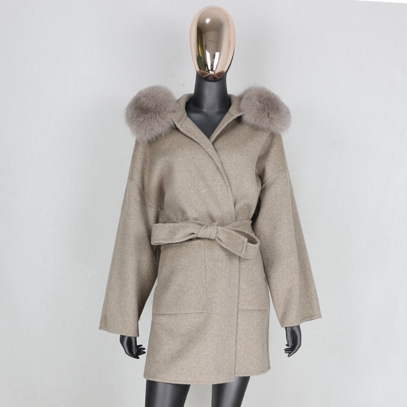 

FURBELIEVE Cashmere Wool Blends Real Fur Coat Winter Jacket Women Natural Fox Fur Collar Outerwear Belt Streetwear Oversize 201104, Short brown