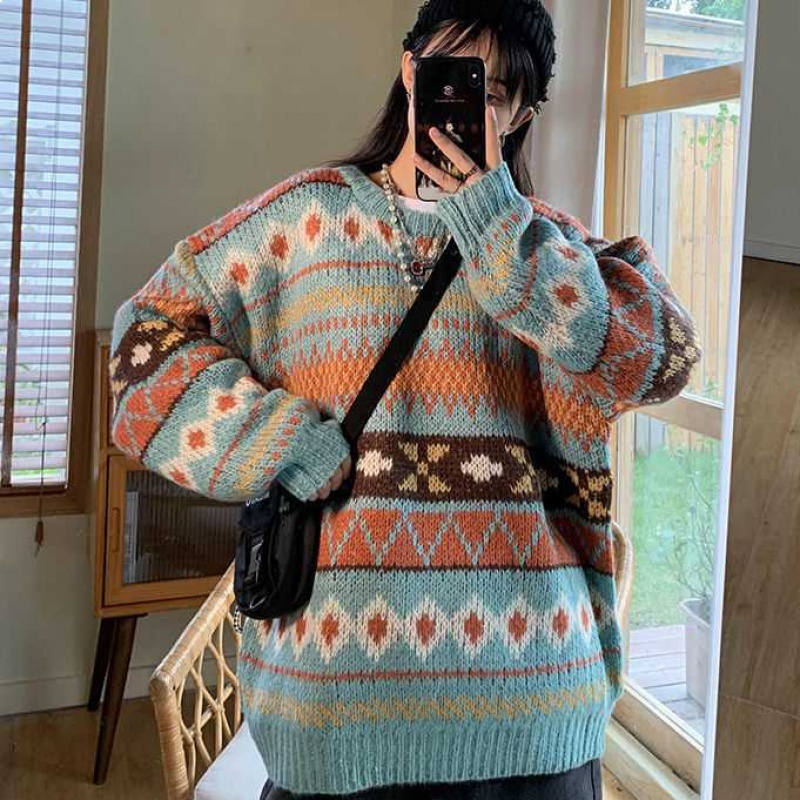 

2021 New Autumn New Vintage Winter Stripes Top Mesh of Women Thick Sleeve Fashion Sweater 8bgv, 9081blue