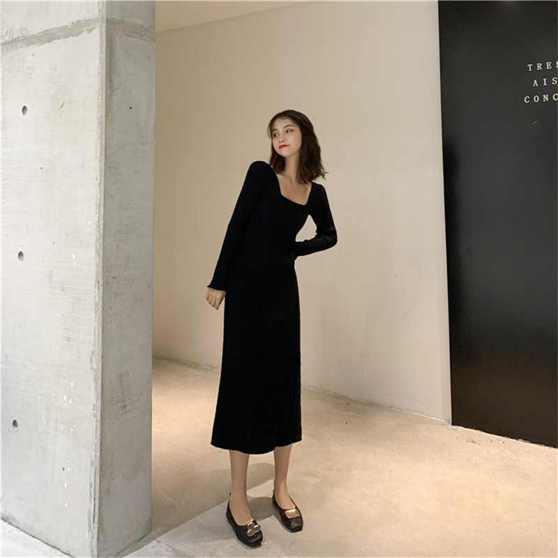 

2021 New Malha Feminina Primavera Nova Moda Gola Quadrada Cor Slida Twisted Sweater Elegante Magro Midi Vestido Pullovers T1UF, Black