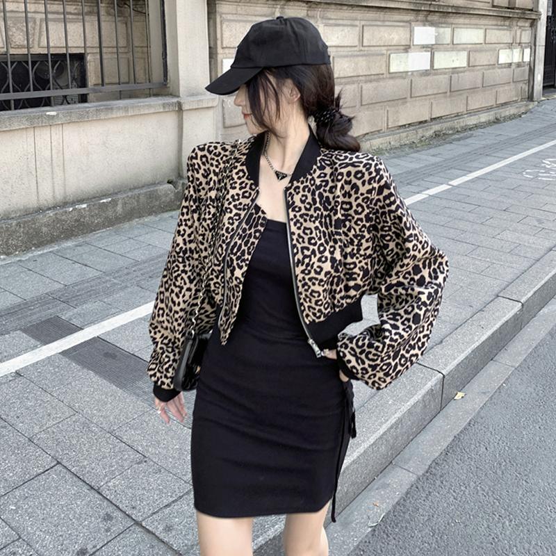 

Women's Jackets Sexy Streetwear Vintage Autumn Mujer Chaqueta O Neck Zipper Leopard Coat Short Long Sleeve Cardigan Casual Tops Cropped Jack, Black;brown