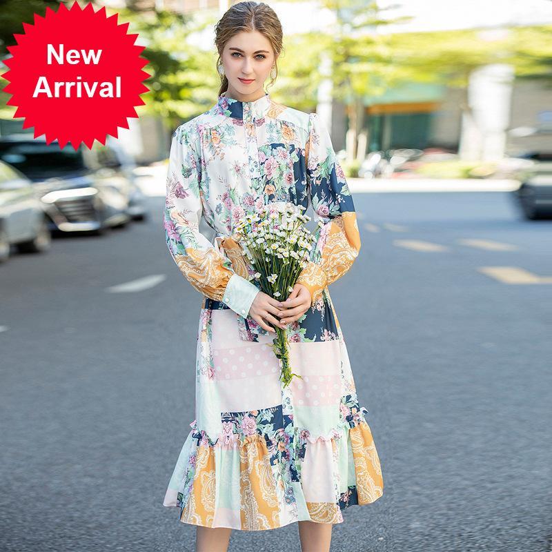 

2021 New Vintage Blossom Boho From Fashion Elegant Print Flashlight Sleeve Dressed in Holiday Autumn Party Clothes Twjx, Blue