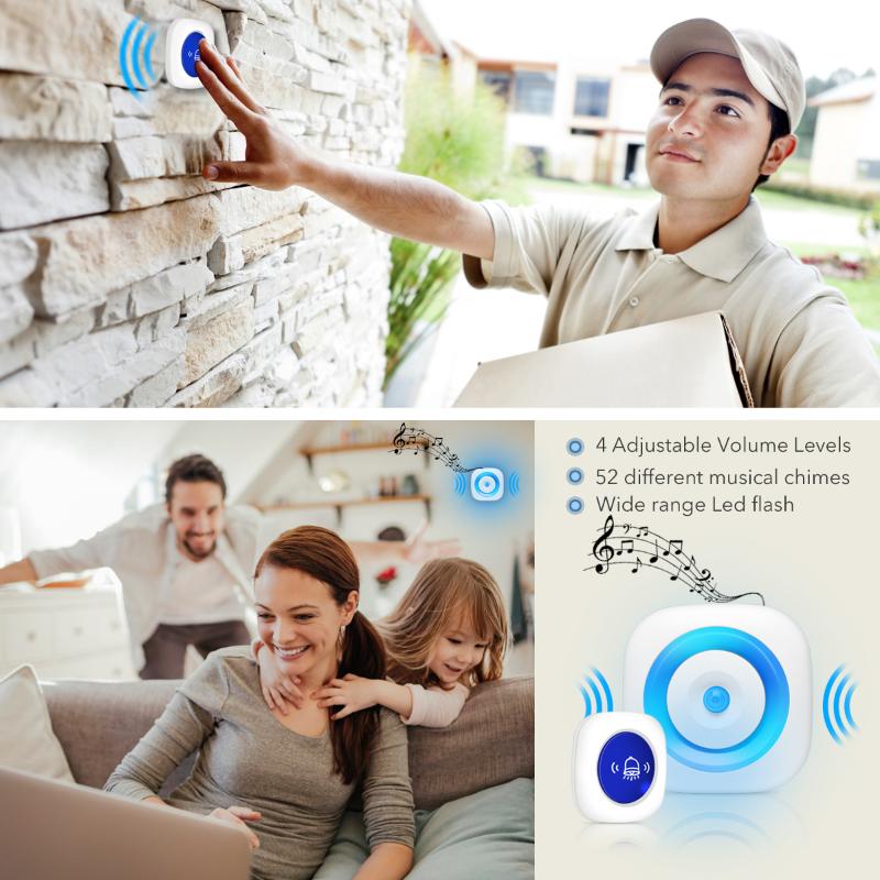 

Wireless Doorbell with SOS Panic Button Battery Power for Home Security Auto Night Light Led Flash Function 52 Songs Ring Bell