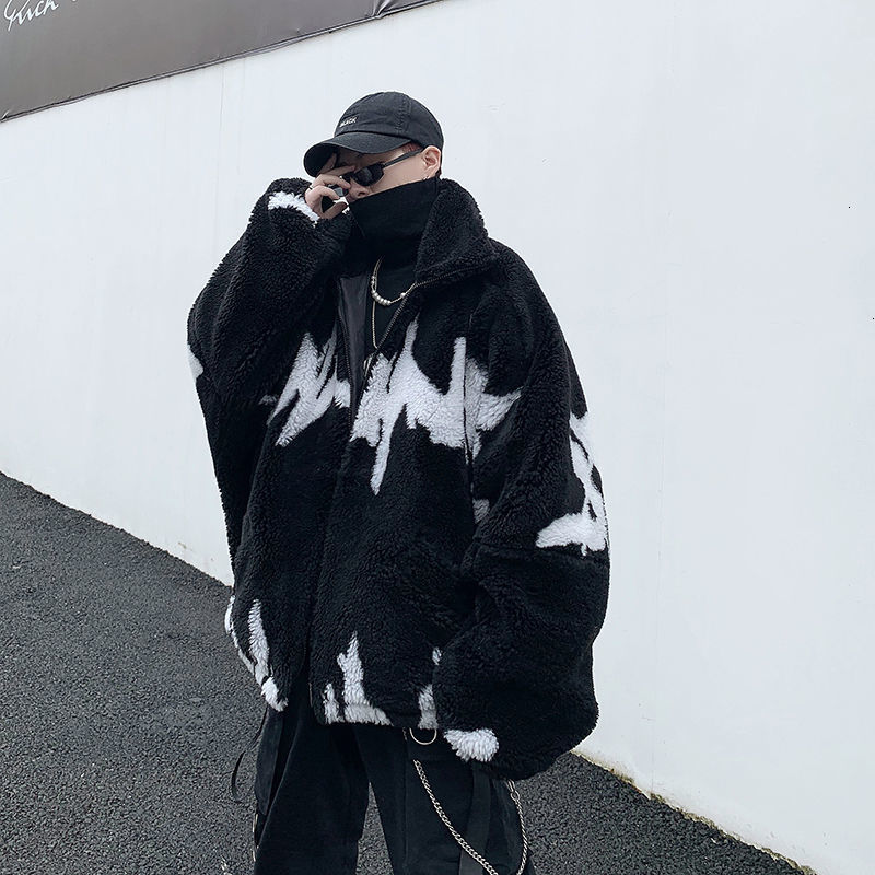

2021 New Man Collar Lamb Wool Coat Winter New Woman Fashion Casual Streetwear Coats Graphic Printed Parka FR3U, Black