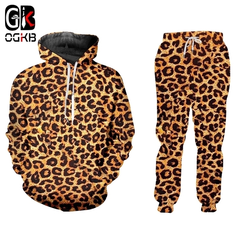 

OGKB Selling Casual 2 Piece Suit New Animal 3D Printing Leopard Print Harajuku Hoodie And Jogging Pants Large Size Wholesale 201109, Ttsh02177