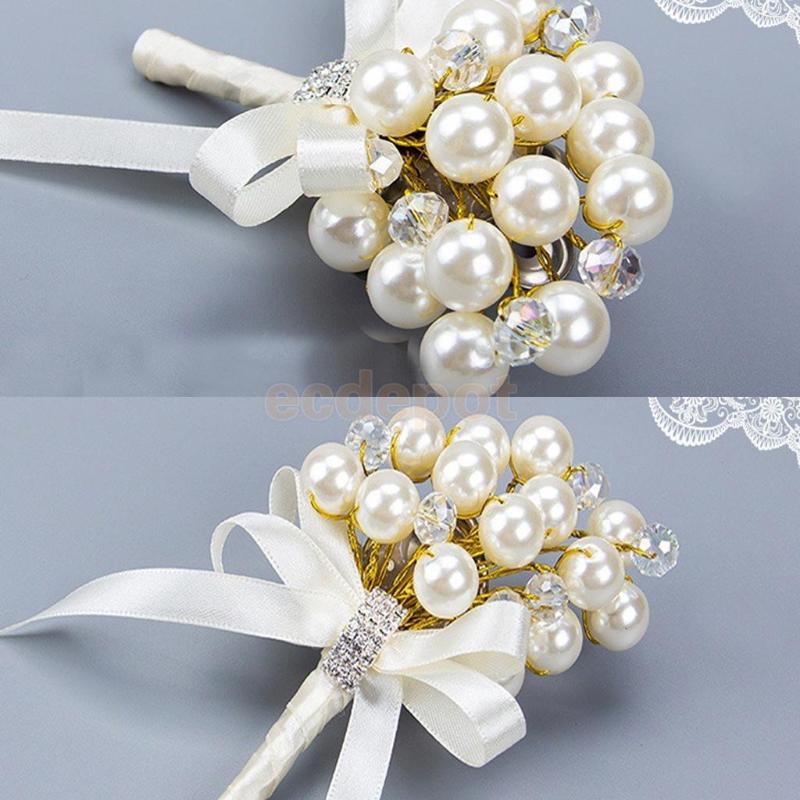 

Wedding Ceremony Party Luxury Faux Pearl Crystal Rhinestone Boutonniere Corsage Bride Groom Decoration, As pic