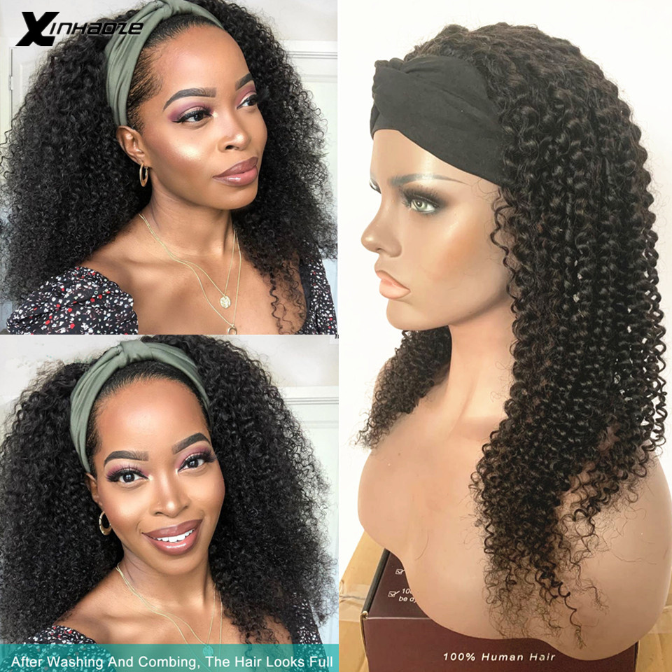

Kinky Curly Headband Scarf Wig Glueless Human Hair for African American Women Affordable Headband Wig Beginner Friendly Xinhaoze, As pic