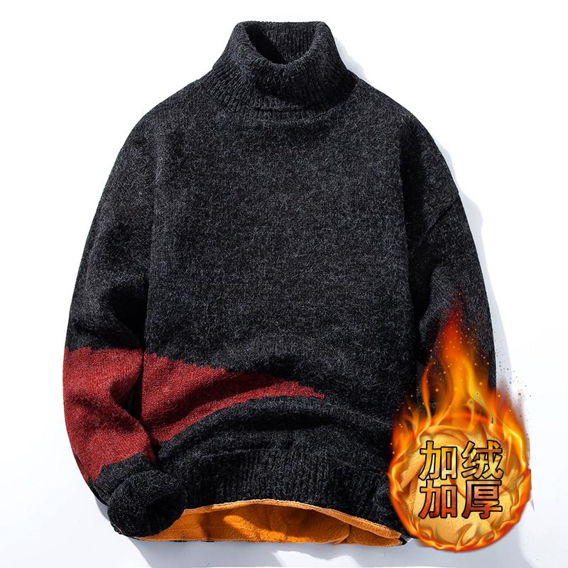 

4XL New Winter Super Keep Warm Mens Sweaters Men's Turtleneck Soft Fleece Pullover Knitted Plus Velvet Thick Sweater Men Tops, Black