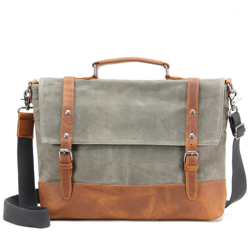 

Briefcases Vintage Canvas Men Briefcase Working Travel Male Laptop Bag High Quality Leather Shoulder Support Drop1, Black