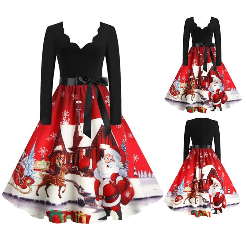 

40# A-line Christmas Dress Women V Neck Sexy Black Sleeve Elegant Bowknot Vintage Xmas Dress Festival Robe Femme Plus Size