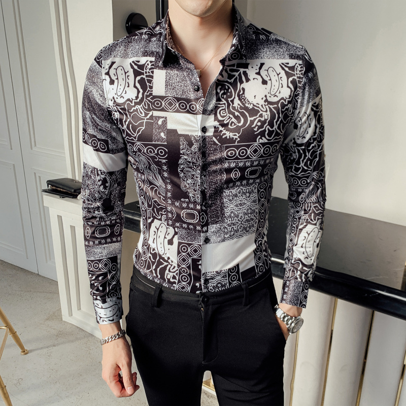 

2021 New Fashion Print Autumn British Style Shirt Long Sleeve Tuxedo Camisa Slim Fit Club Party Men Casual Shirts 9y4d, Black