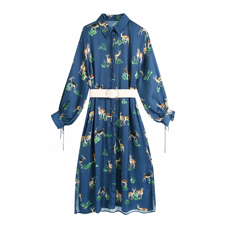 

2021 New Elegant Women Blue Animal Print Fashion Ladies Satin Side Slit Es Streetwear Female Chic Sashes Vestidos 02ac