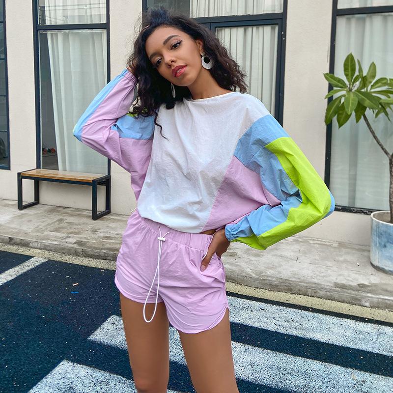 

2020 new fashion Autumn tide women' fashion color matching sportswear cross-border casual suit sweater shorts two-piece suit, Multi