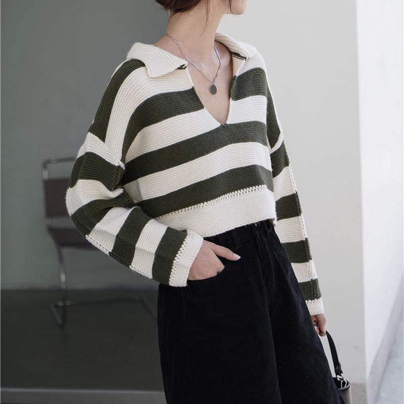 

2021 New Women Short Sweaters Knitted Female Casual Striped V-Neck Pullover Loose Elegant Office Lady All Match Tops, Black