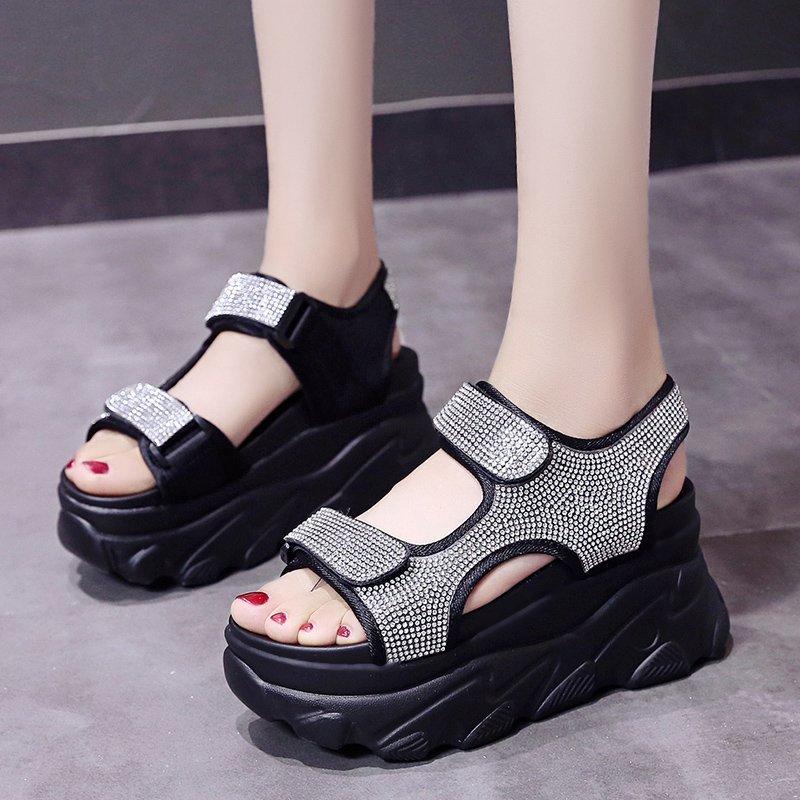 

Rimocy 2020 New Fashion Crystal Platform Sandals Women Chunky Rhinestones Open Toe Summer Shoes Woman Thick Bottom Wedge Sandals, Green