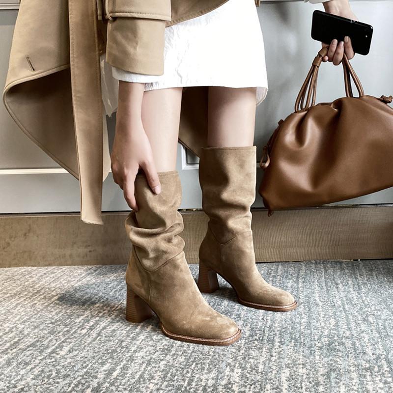 

2020 new Suede Women Mid Calf Boots Female Winter Gothic Retro Style Riding Boots Western cowgirls Female Botas mujer1, Black
