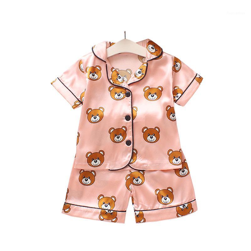 

Summer Children's Pyjamas 2pcs Suit Bear Home Short-sleeved Two-piece Outfit Baby Boy Clothes Baby Boys Satins Cartoon Kids Coat1, Beige