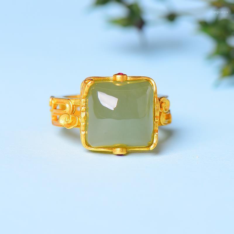 

Cluster Rings Natural Hetian Jade Geometric Opening Ring Chinese Style Retro Unique Pattern Craft Light Luxury Women Silver Jewelry, Golden;silver