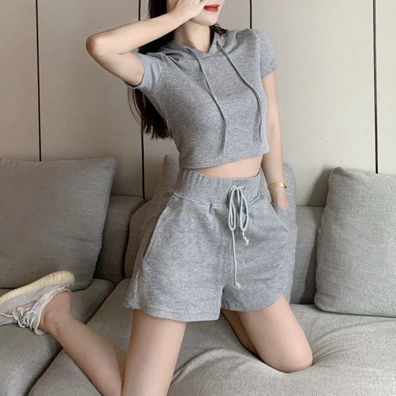 

2021 New Summer Fashion Women Hood Jogger Defines High Drawsting Shorts Short Sport T-shirt Suits 0TGC, Red
