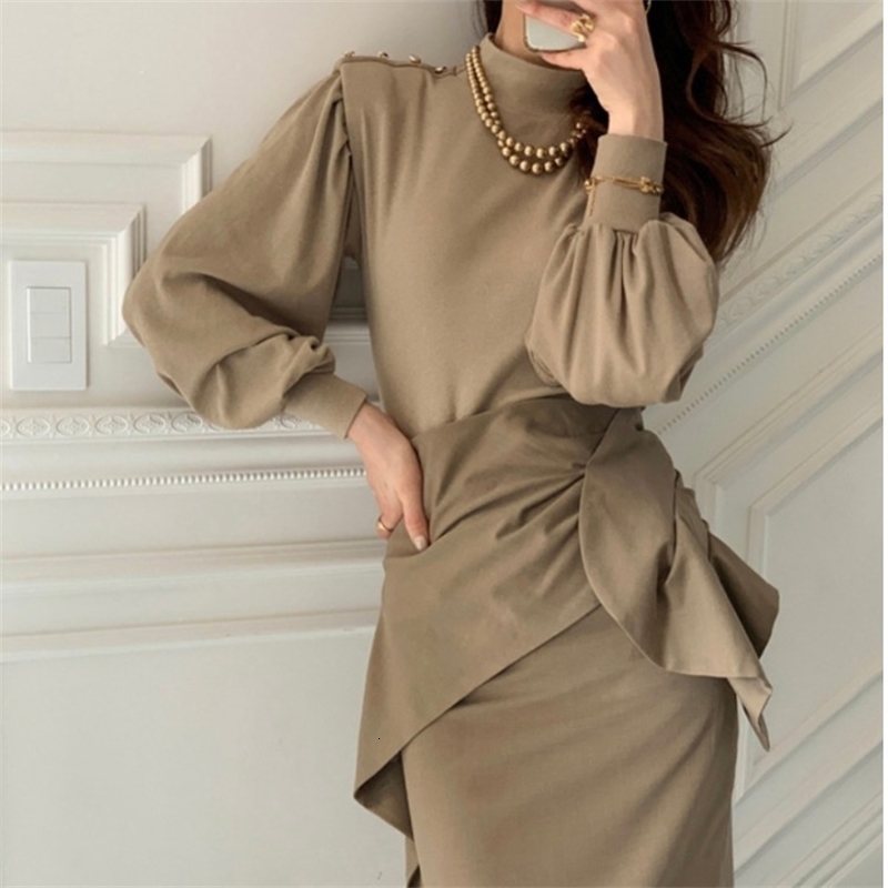 

2021 New Set of Two Solid Pieces Mock Neck Lantern Sleeves Pulverish Empire Mid-calf Pencils Elegant Women' Skirts LIKC, Khaki.