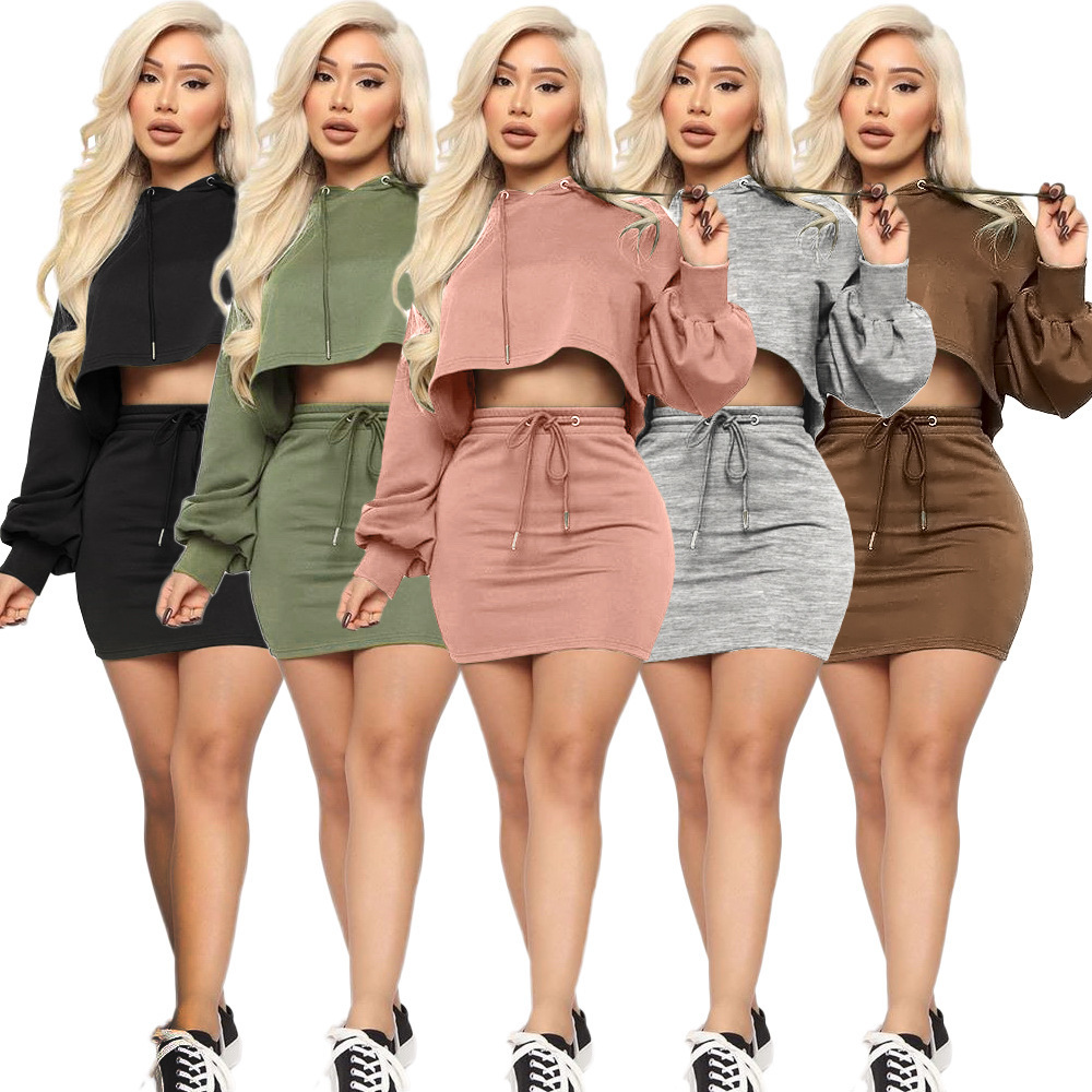 

women dress two pieces set tracksuits nightclub solid colour bat lantern sleeve hooded sweater and skirt show waist bandage ladies sportwear, Gray