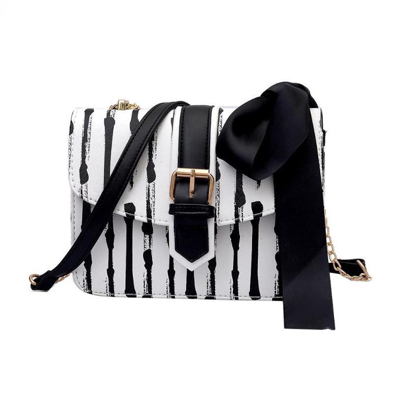 

Women Strips Bowknot Flap Chain Shoulder Bags PU Leather Messenger Bags Female Party Handbags, Black