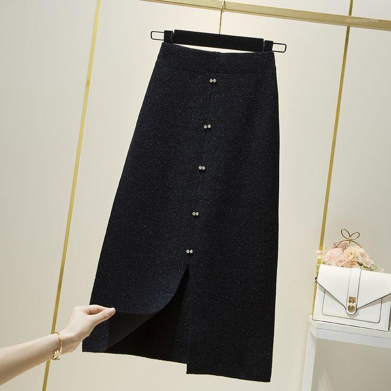 

2021 New Autumn Winter Women Elegant Diamond Decoration A-Line Midi Skirts Female Casual Solid High Waist Woolen Long Skirts O651, Black