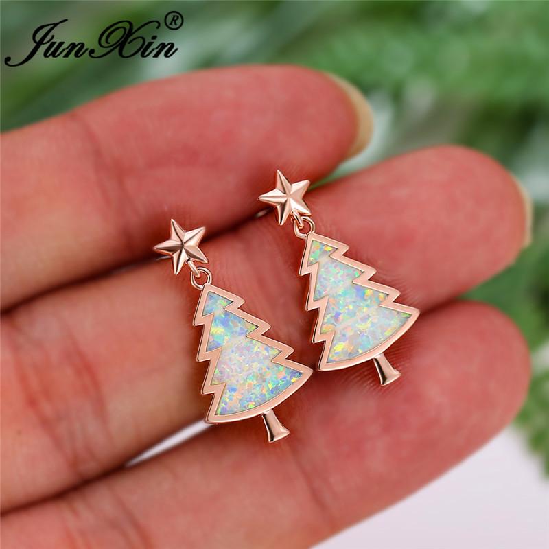 

Stud Cute Christmas Tree Star Earrings For Women White Gold Rose Color Fire Opal Wedding Engagement Jewelry
