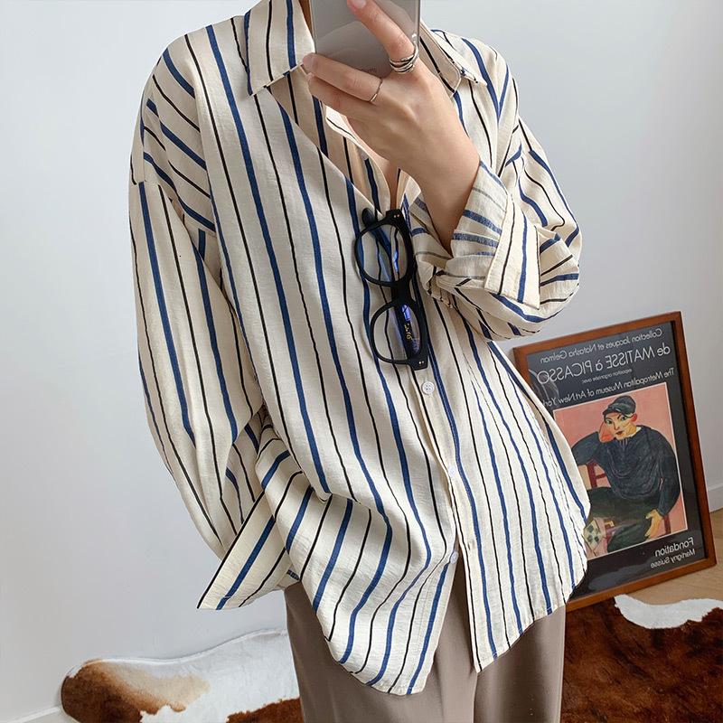 

2021 New solid color stripe spring and summer lapel loosen female shirt commune simple fashion meatloaf AS4U, Blue stripe
