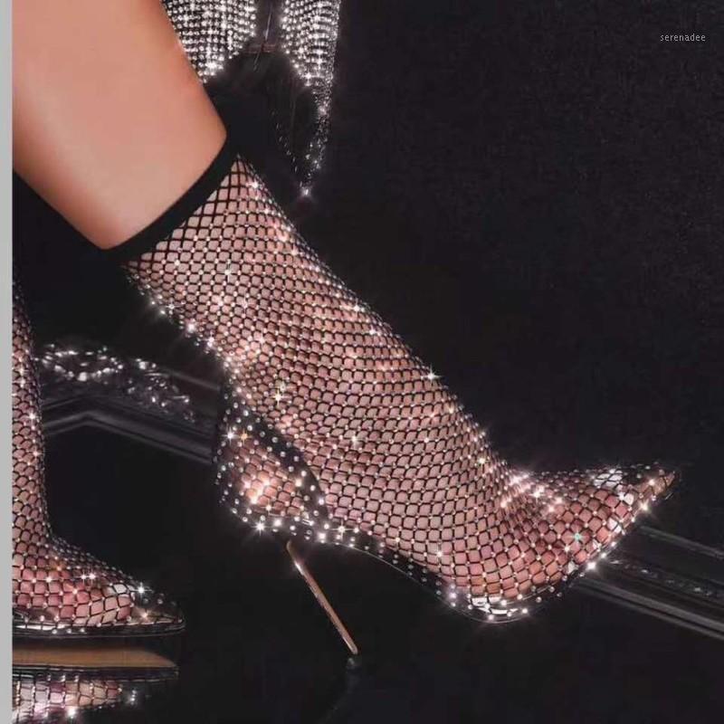 

New Design Crystal Rhinestone Flocking Mid-Calf Sock Boots Fashion Transparent Pointed Toe Shoes Sexy High Heels boots women1, Black