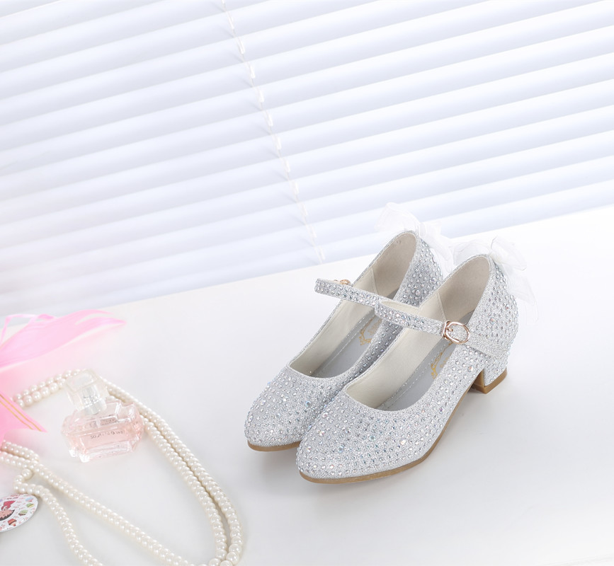

Casual Princess Kids Leather For Flower Glitter Children High Heel Girls Shoes Butterfly Knot Blue Pink Silver