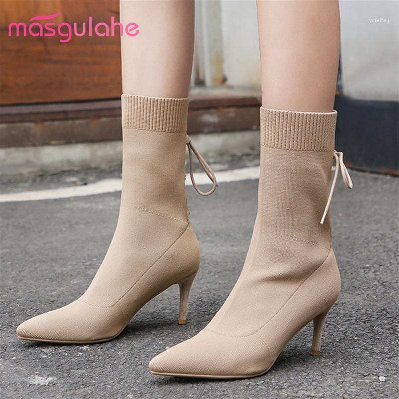 

Masgulahe 2020 Newest women ankle boots pointed toe high heels party prom shoes sexy lace up Stretch sock boots woman black1, Apricot with fur