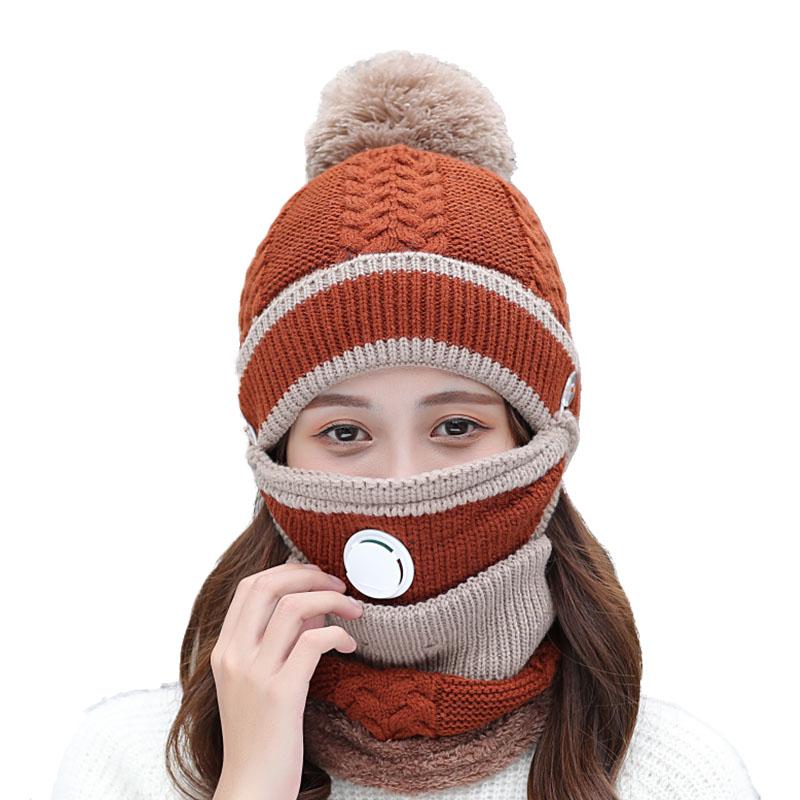 

Set 3 Hats Beanies Women Winter Thick Velvet Bib Mask Ear Breathable Protector Skullies Beanie Hat Riding Hat Female Warm Knitted
