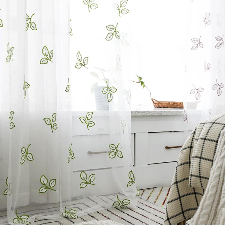 

Leaflet Embroidery Tulle Korean Pastoral Cotton Linen Translucent Tulle Half Shading Embroidery For Living Room Bedroom, Green tulle