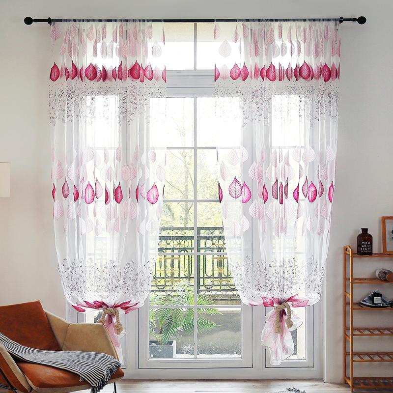 

Leaf Printed Perforated Sliding Door Tulle Curtain Sheer Room Balcony Window Screen Drape Curtains Home Decoration, White