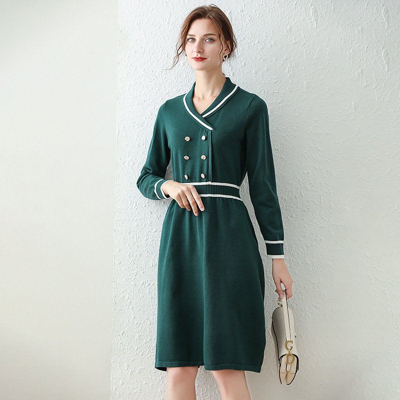 

2021 New Dressed Solid French Woman Cleavage on v Buttons Empire Gowns Elastic Waistband Lady of the Elegant Office at Knee Height in 8YVK, Green