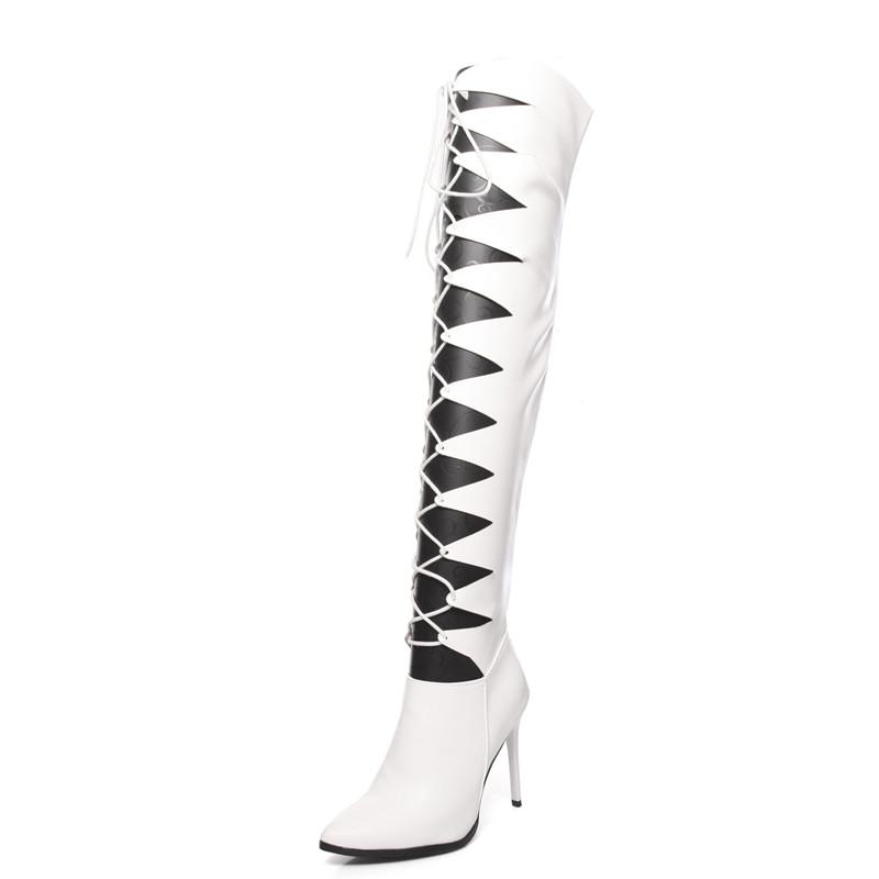 

Women Pointed Toe Thin Heel Over The Knee Sexy Women Boots Super High Heels Cross Tied Black White Club Fashion Long Boots