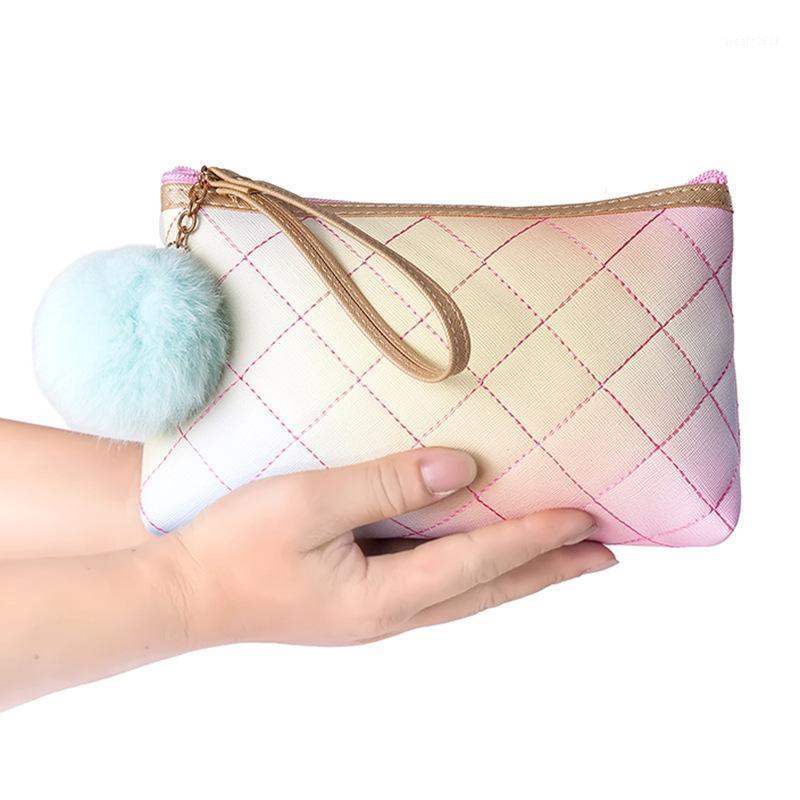 

Fashion PU Leather Colorful Lattice Cosmetic storage Bag Large Capacity Plush Ball Zipper Travel Toiletry Make Up Storage Bags1