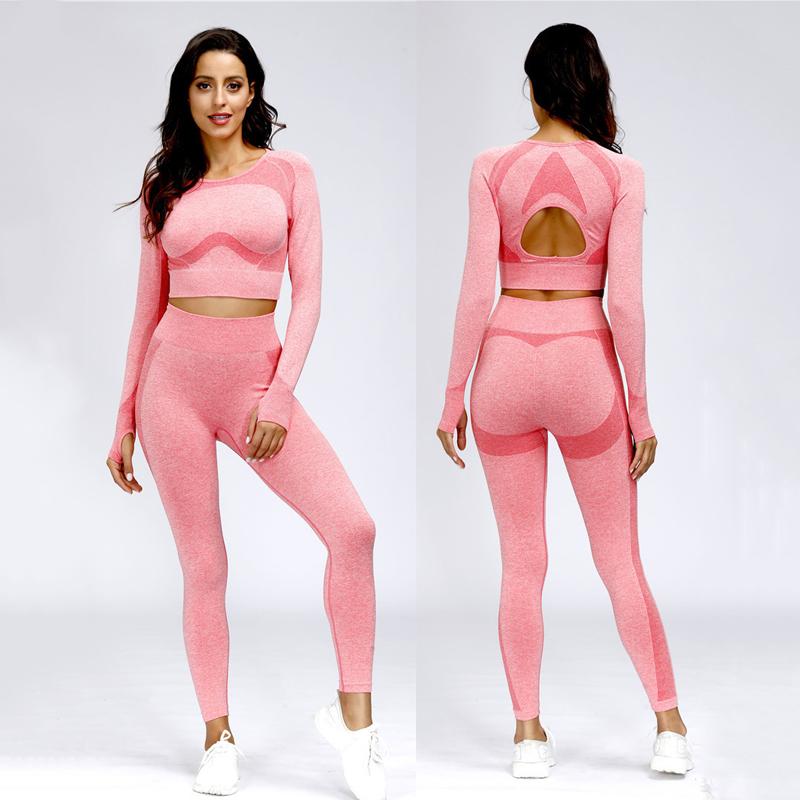 

2021 Women Seamless Yoga Set Gym Sport Suit Workout Clothes Long Sleeve Crop Top+High Waist Legging 2 Piece Fitness Sports Wear, Black