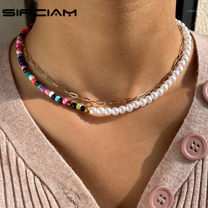 

Chokers Layered Asymmetric Pearl Rainbow Beaded Necklace For Women Handmade Double Choker Bohemian Necklaces Y2K Korean Fashion Jewelry, Golden;silver